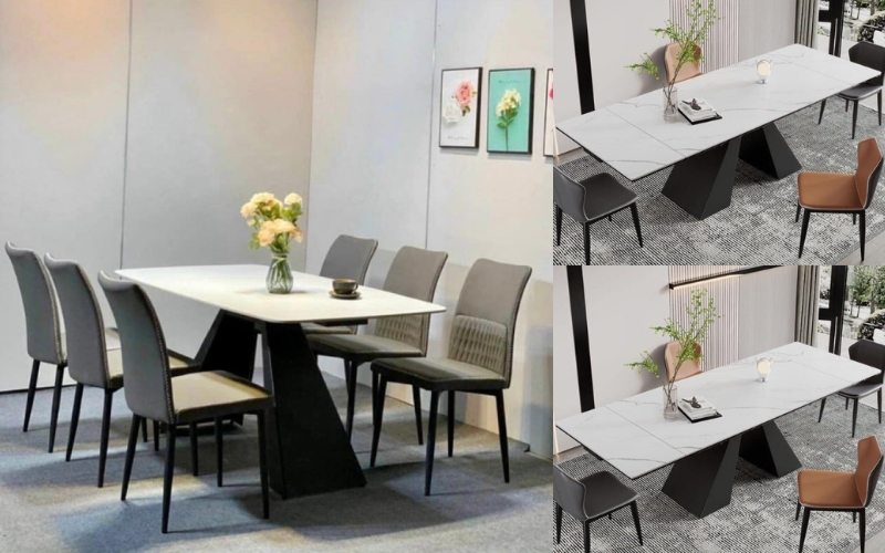 Bàn ăn mặt đá chữ V kết hợp cùng ghế tựa da