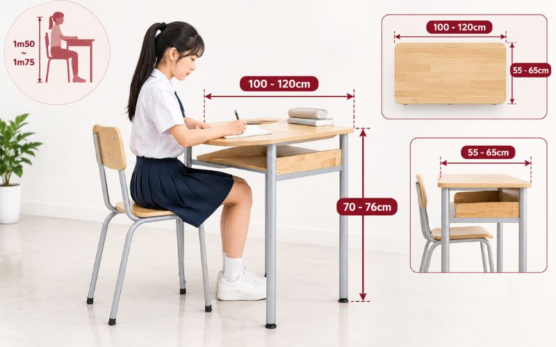 Cập nhật kích thước tiêu chuẩn cho bàn học sinh cấp 3 